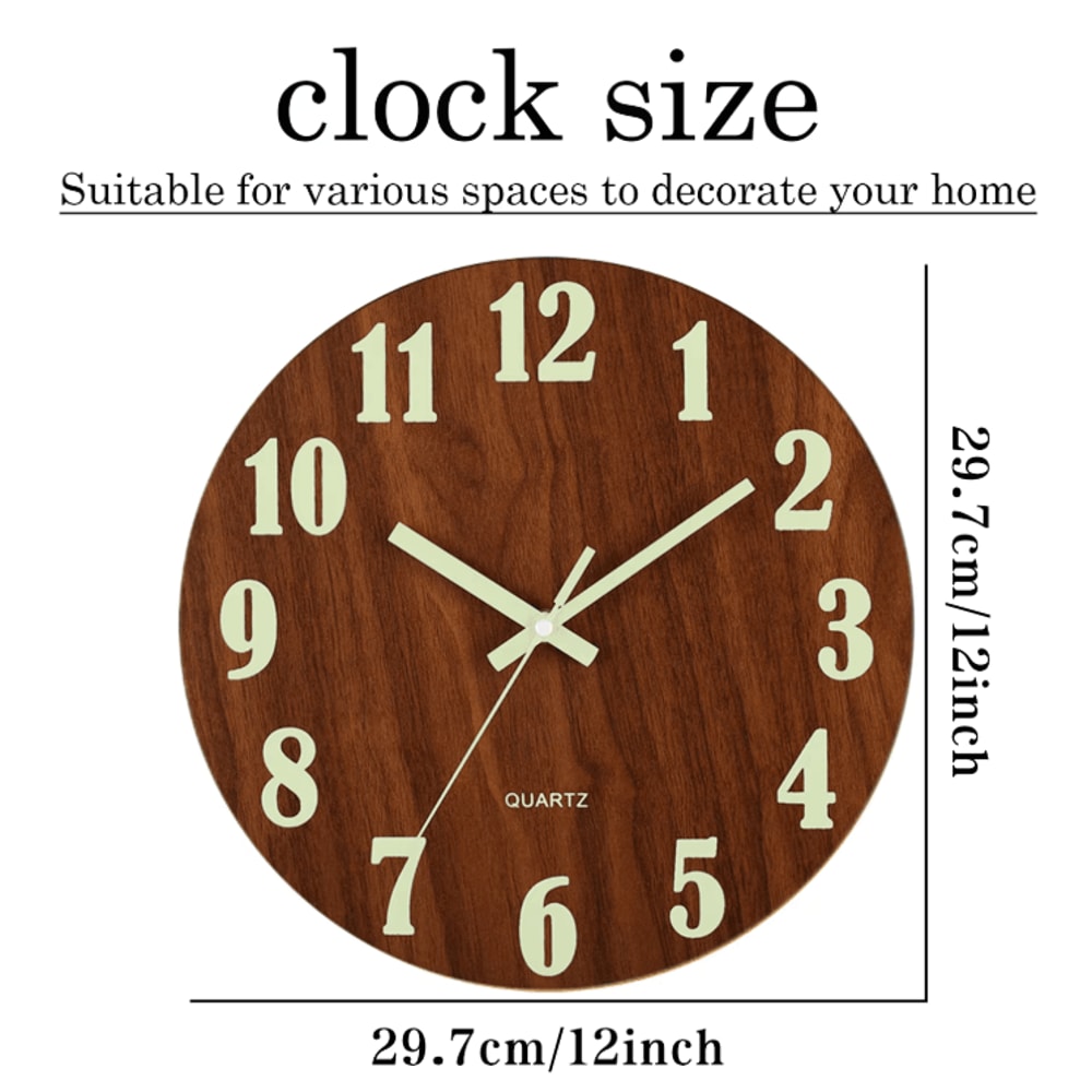 12Inch Luminous Wooden Wall Clock Silent Nordic Glow Night Light Design 1