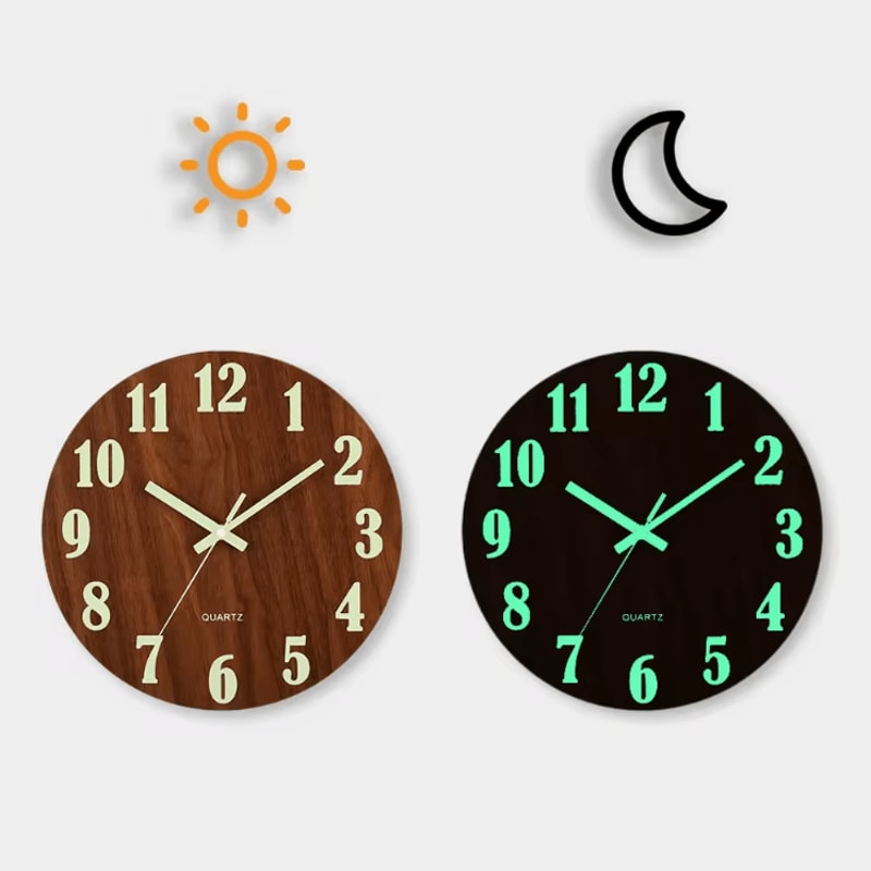12Inch Luminous Wooden Wall Clock Silent Nordic Glow Night Light Design 2