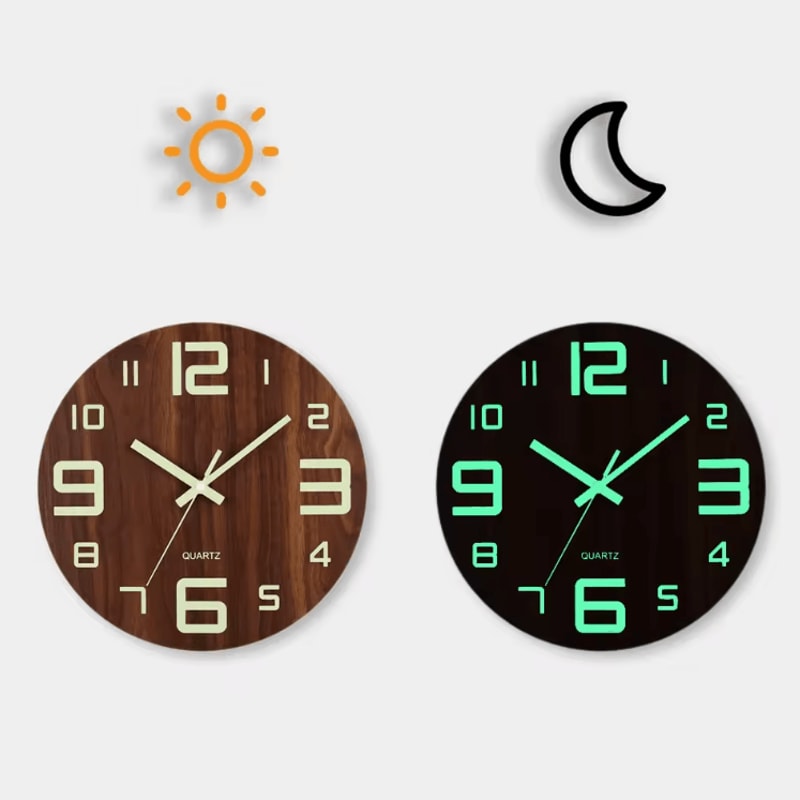 12Inch Luminous Wooden Wall Clock Silent Nordic Glow Night Light Design 3