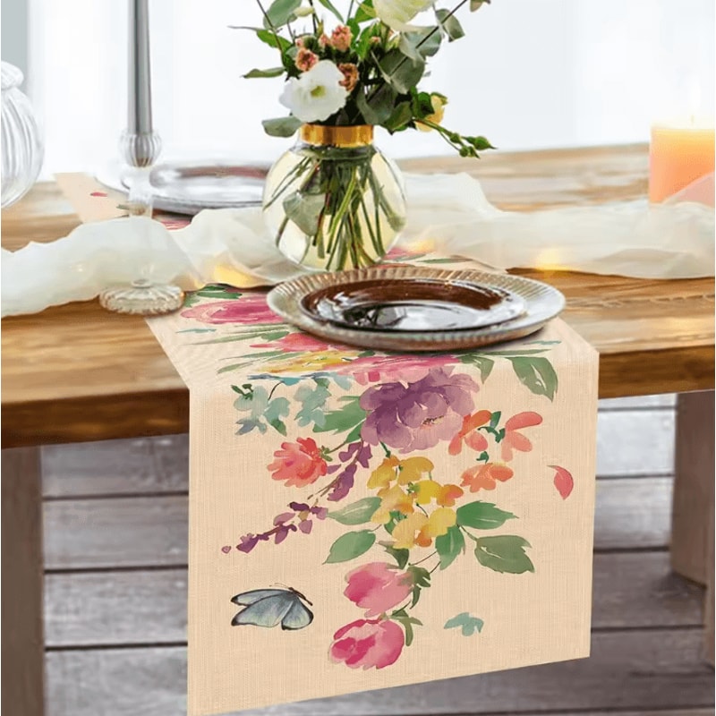 Spring Watercolor Butterfly Linen Table Runner Elegant Floral Dining Decor 4