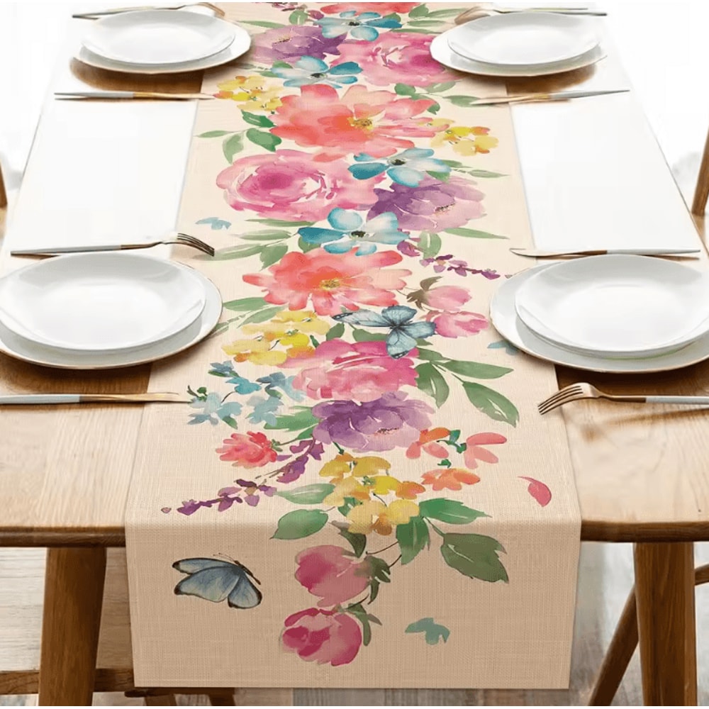 Spring Watercolor Butterfly Linen Table Runner Elegant Floral Dining Decor 5
