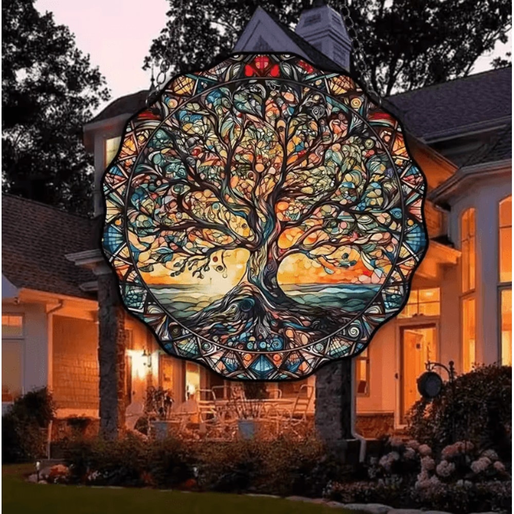 Round Acrylic Tree Of Life Wall Hanging Sunlight Reflective Indoor Outdoor Decor 2