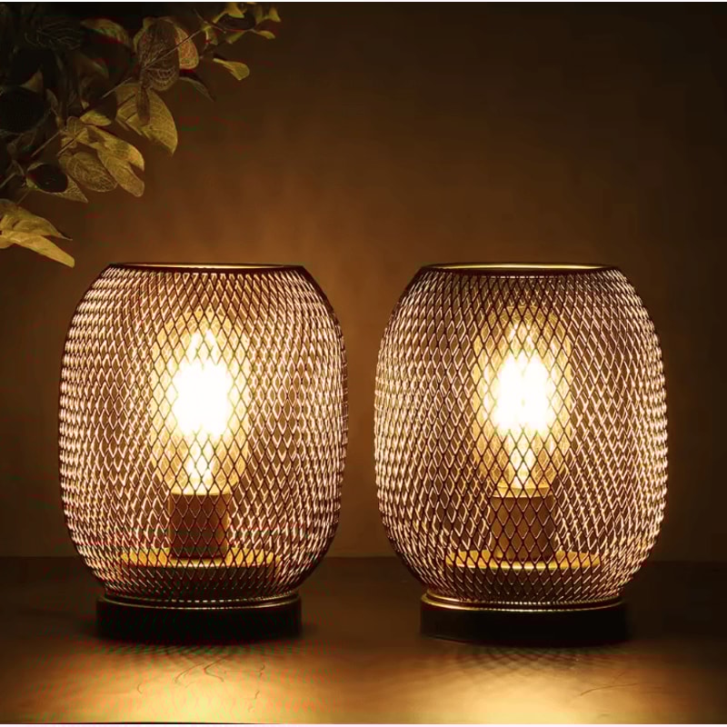 2Piece Metal Cage Table Lamp Cordless LED Lantern Set For Home Events 0