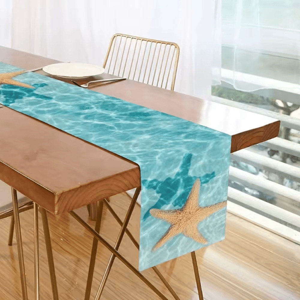 Watercolor Starfish Ocean Linen Table Runner Coastal Dining Decor For Home Events 2