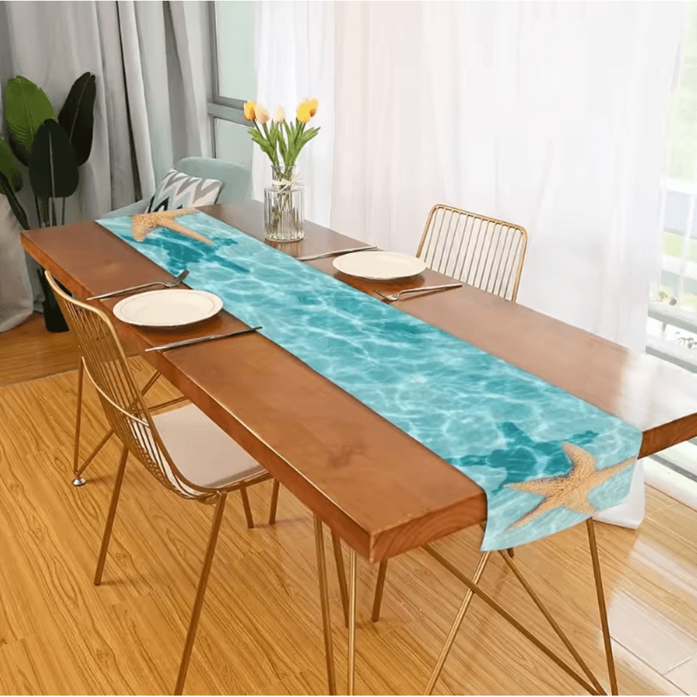 Watercolor Starfish Ocean Linen Table Runner Coastal Dining Decor For Home Events 3