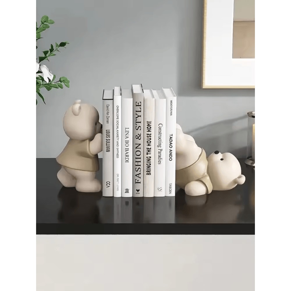Cute Bear Bookend Decor Cream Resin Figurine For Stylish Home Shelf Display 3