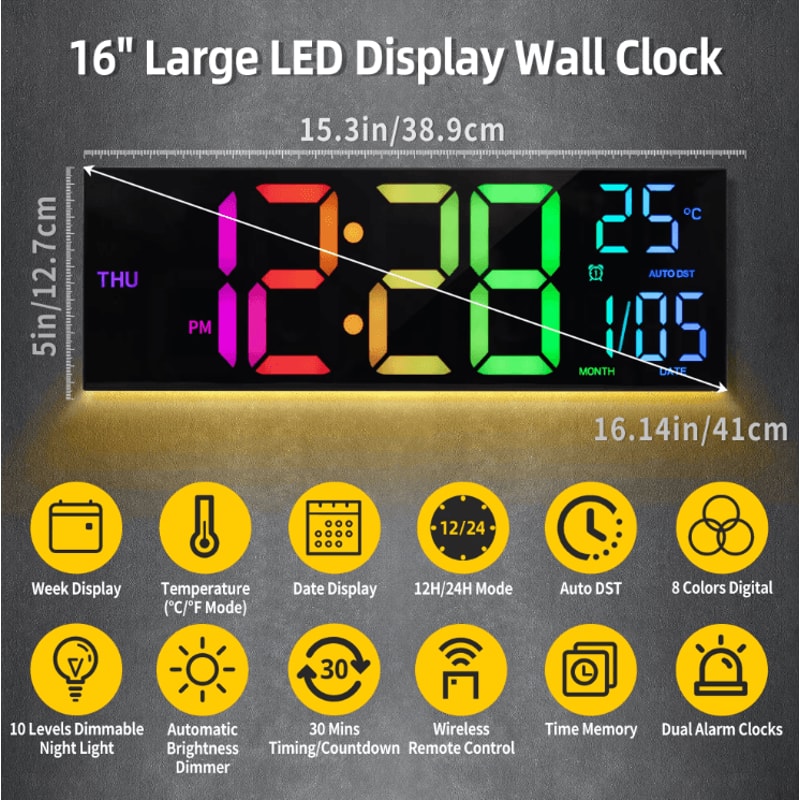 16 Large LED Wall Clock With Remote RGB Voice Activated Digital Display For Modern Home 1