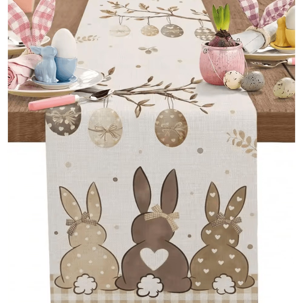Easter Bunny Linen Table Runner Spring Farmhouse Dining Decor With Egg Floral Design 0