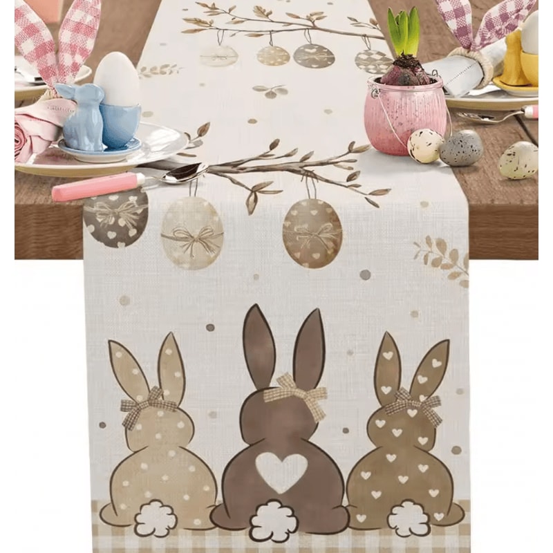 Easter Bunny Linen Table Runner Spring Farmhouse Dining Decor With Egg Floral Design 0