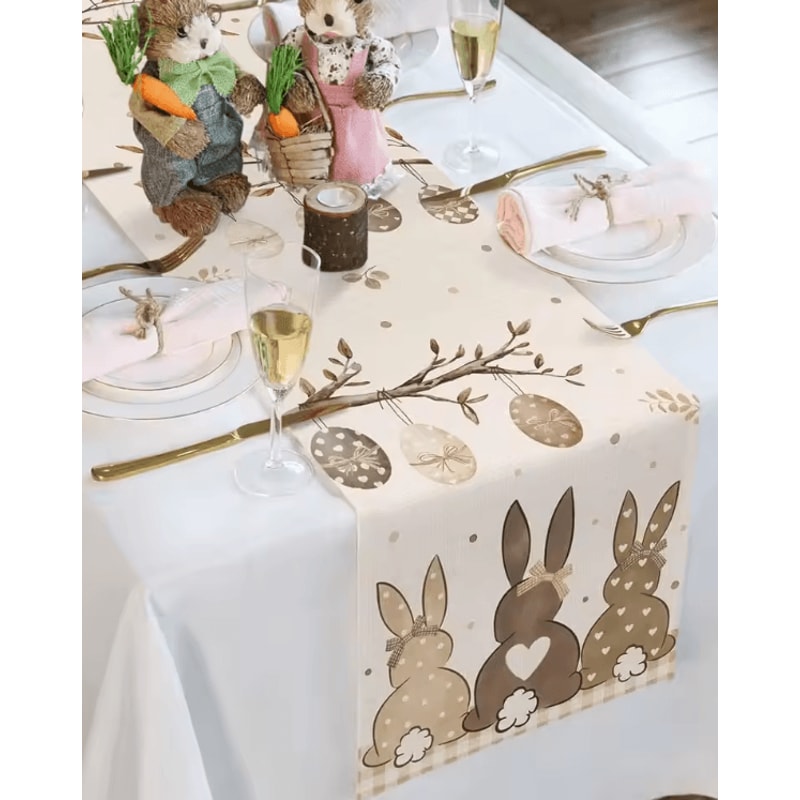 Easter Bunny Linen Table Runner Spring Farmhouse Dining Decor With Egg Floral Design 2