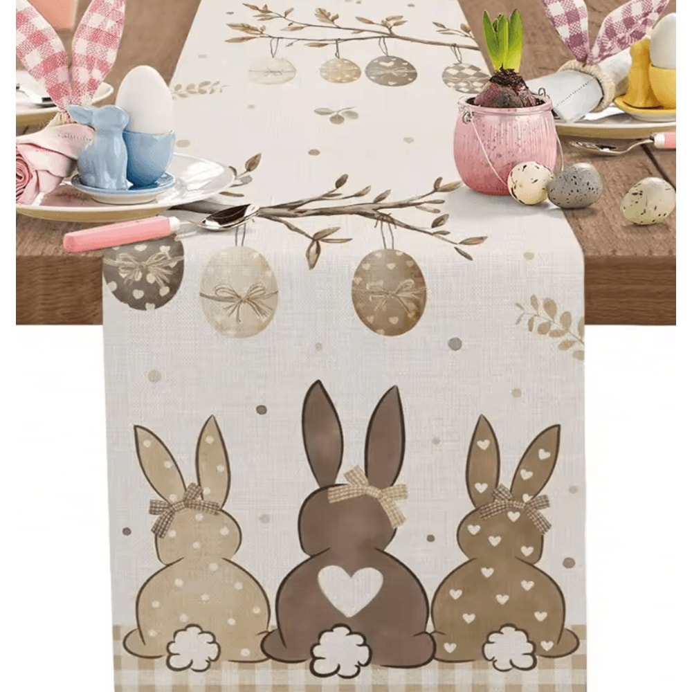 Easter Bunny Linen Table Runner Spring Farmhouse Dining Decor With Egg Floral Design 3