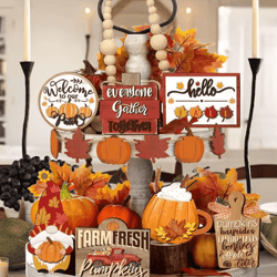fall harvest tiered tray decor set – farmhouse pumpkin & maple leaf wooden centerpieces