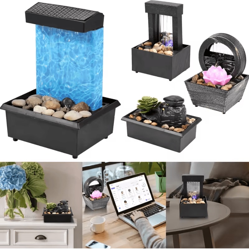 Mini Tabletop Water Fountain With LED USB Powered Zen Desktop Waterfall Decor 0