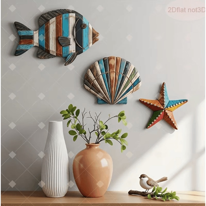 Colorful Wooden Ocean Wall Decor Set Coastal Fish Shell Starfish Art 0