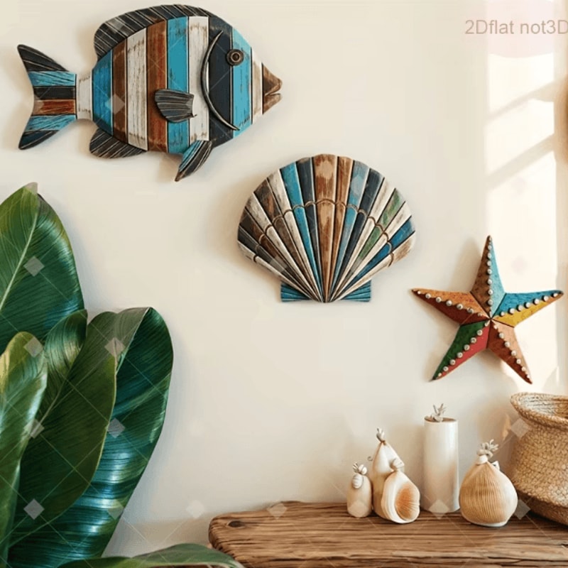 Colorful Wooden Ocean Wall Decor Set Coastal Fish Shell Starfish Art 1