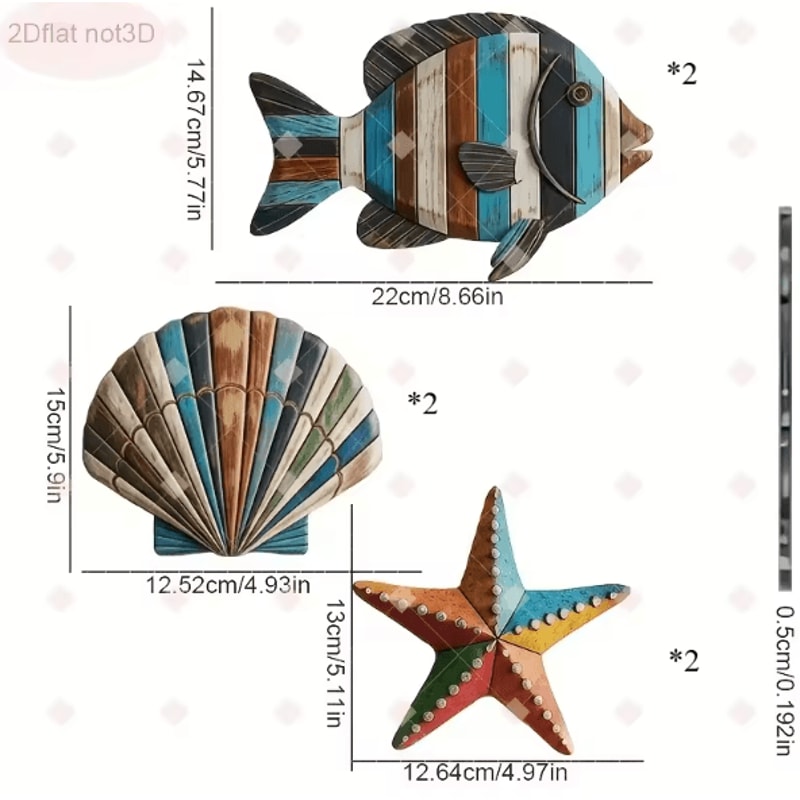 Colorful Wooden Ocean Wall Decor Set Coastal Fish Shell Starfish Art 3
