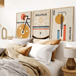 3-piece bauhaus bicycle canvas wall art set – mid century modern abstract decor