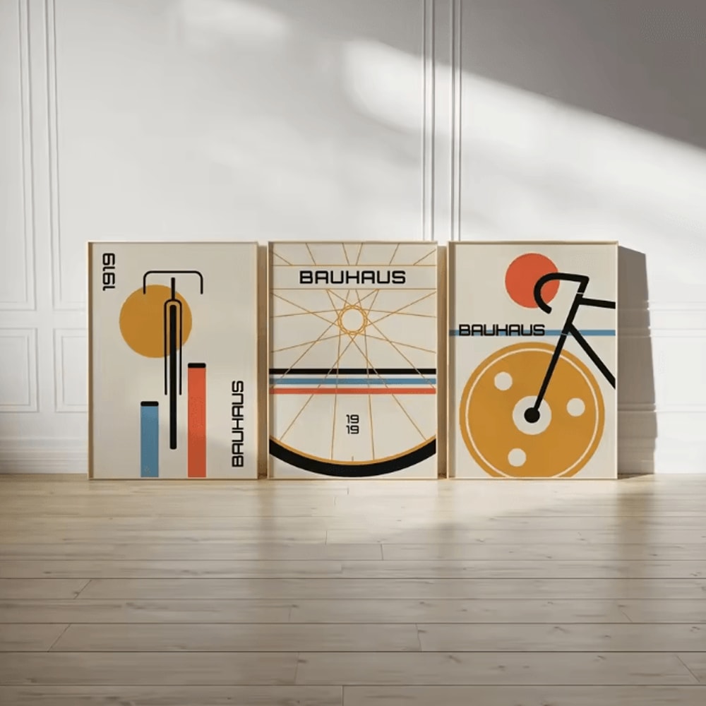 3Piece Bauhaus Bicycle Canvas Wall Art Set Mid Century Modern Abstract Decor 1