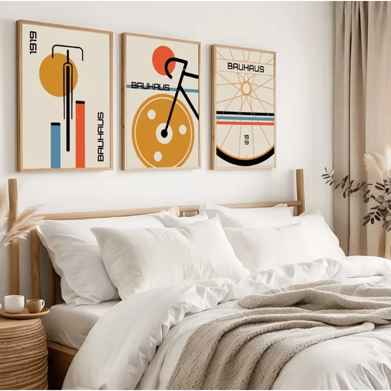 3Piece Bauhaus Bicycle Canvas Wall Art Set Mid Century Modern Abstract Decor 2