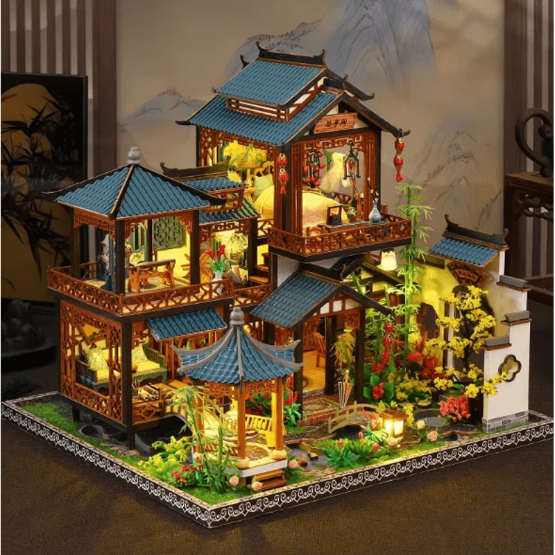 DIY Orchid Pavilion Book Nook Kit Chinese Style 3D Miniature Shelf Decor 0