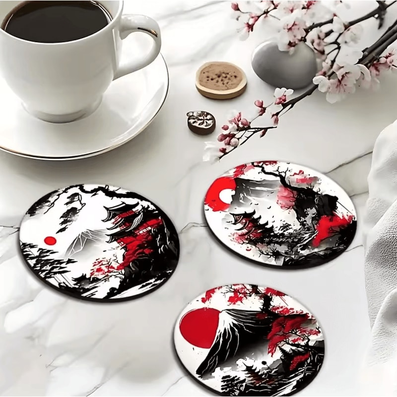 6Piece Japanese Wooden Coaster Set NonSlip Heatproof Drink Coasters 0
