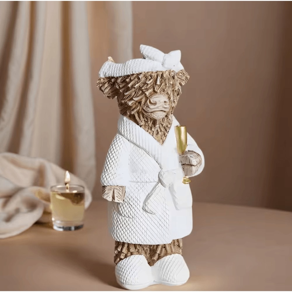Funny Highland Cow Champagne Statue Rustic Farmhouse Resin Tabletop Decor 0