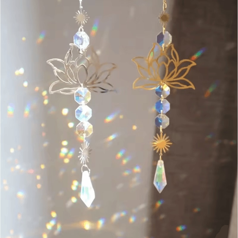 Metal Lotus Crystal Suncatcher Wind Chime Elegant Hanging Decor For Home Garden 1