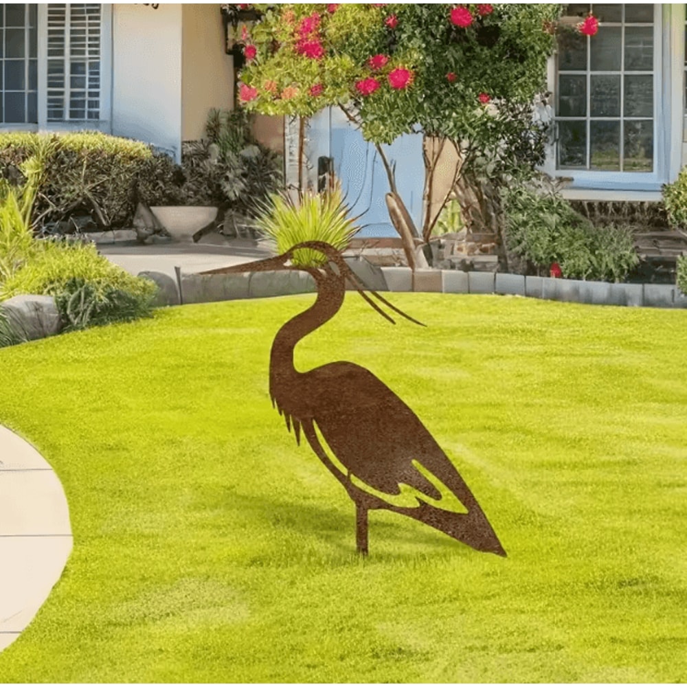 Rustic Metal Crane Garden Statue Weatherproof Heron Yard Art Outdoor Sculpture 1