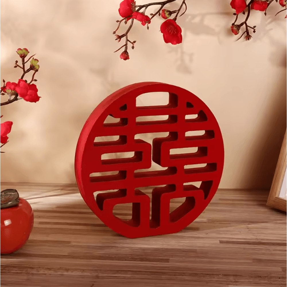 Traditional Double Happiness Wood Decor Red Chinese Wedding Wall Ornament Xi Symbol 3