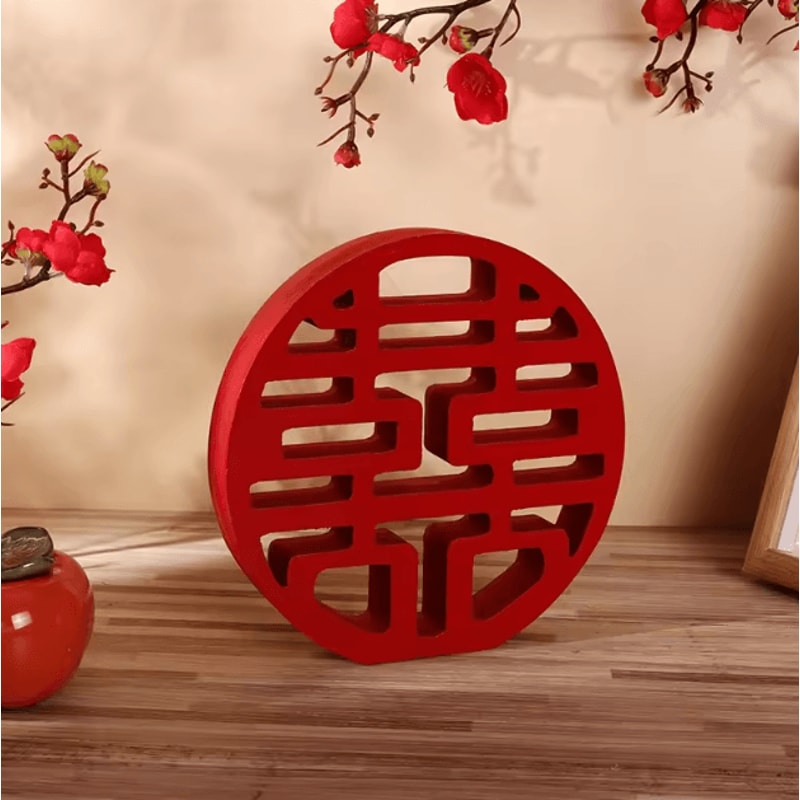 Traditional Double Happiness Wood Decor Red Chinese Wedding Wall Ornament Xi Symbol 3