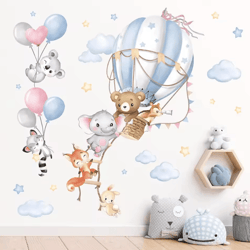 large hot air balloon wall sticker animal theme nursery wall decal for kids room