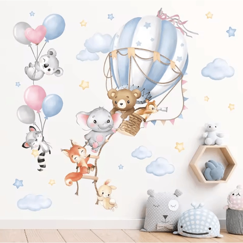 Large Hot Air Balloon Wall Sticker Animal Theme Nursery Wall Decal For Kids Room 0