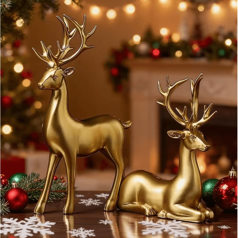 2Piece Gold Reindeer Christmas Table Decor Elegant Elk Statue Set Holiday Home Accent 0