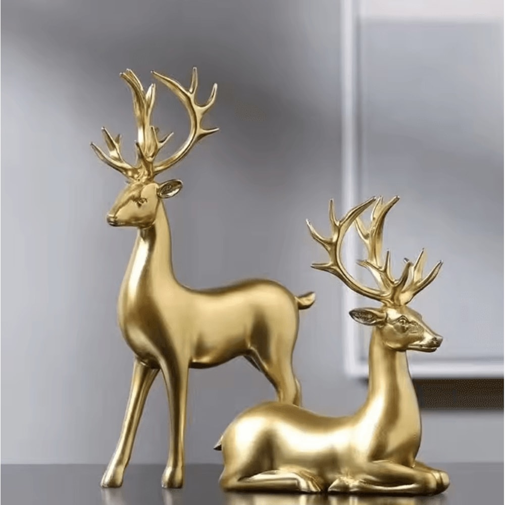 2Piece Gold Reindeer Christmas Table Decor Elegant Elk Statue Set Holiday Home Accent 2