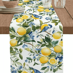 vintage lemon tree table runner blue birds linen coastal farmhouse table decor