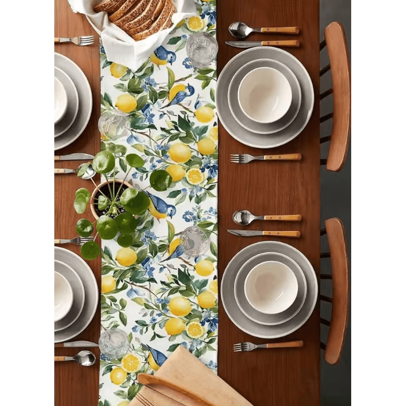 Vintage Lemon Tree Table Runner Blue Birds Linen Coastal Farmhouse Table Decor 2