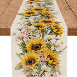 sunflower daisy linen table runner – rustic farmhouse floral table decor for weddings & summer dining