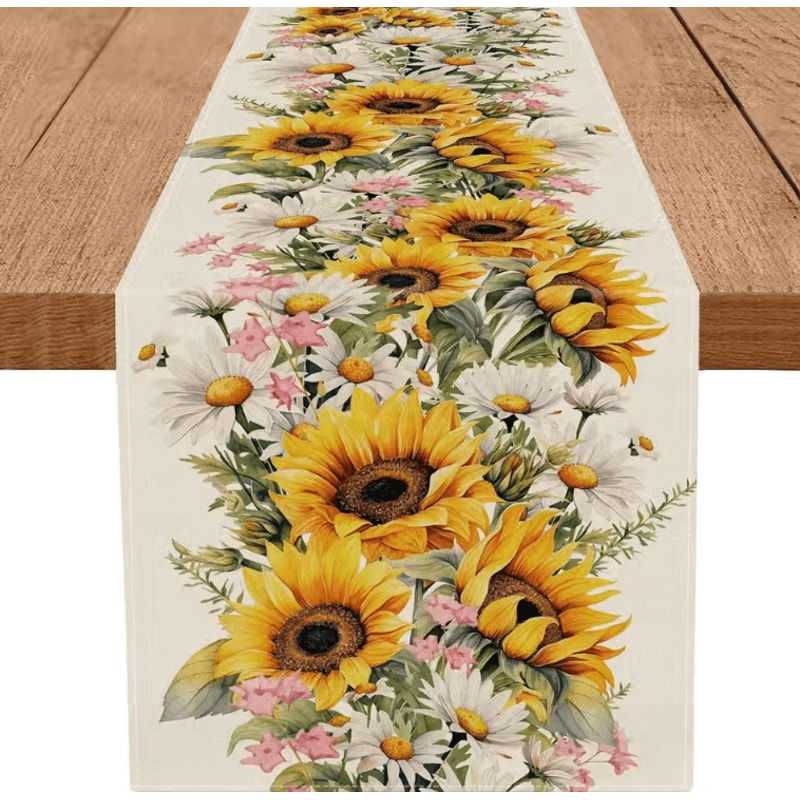 Sunflower Daisy Linen Table Runner Rustic Farmhouse Floral Table Decor For Weddings Summer Dining 3