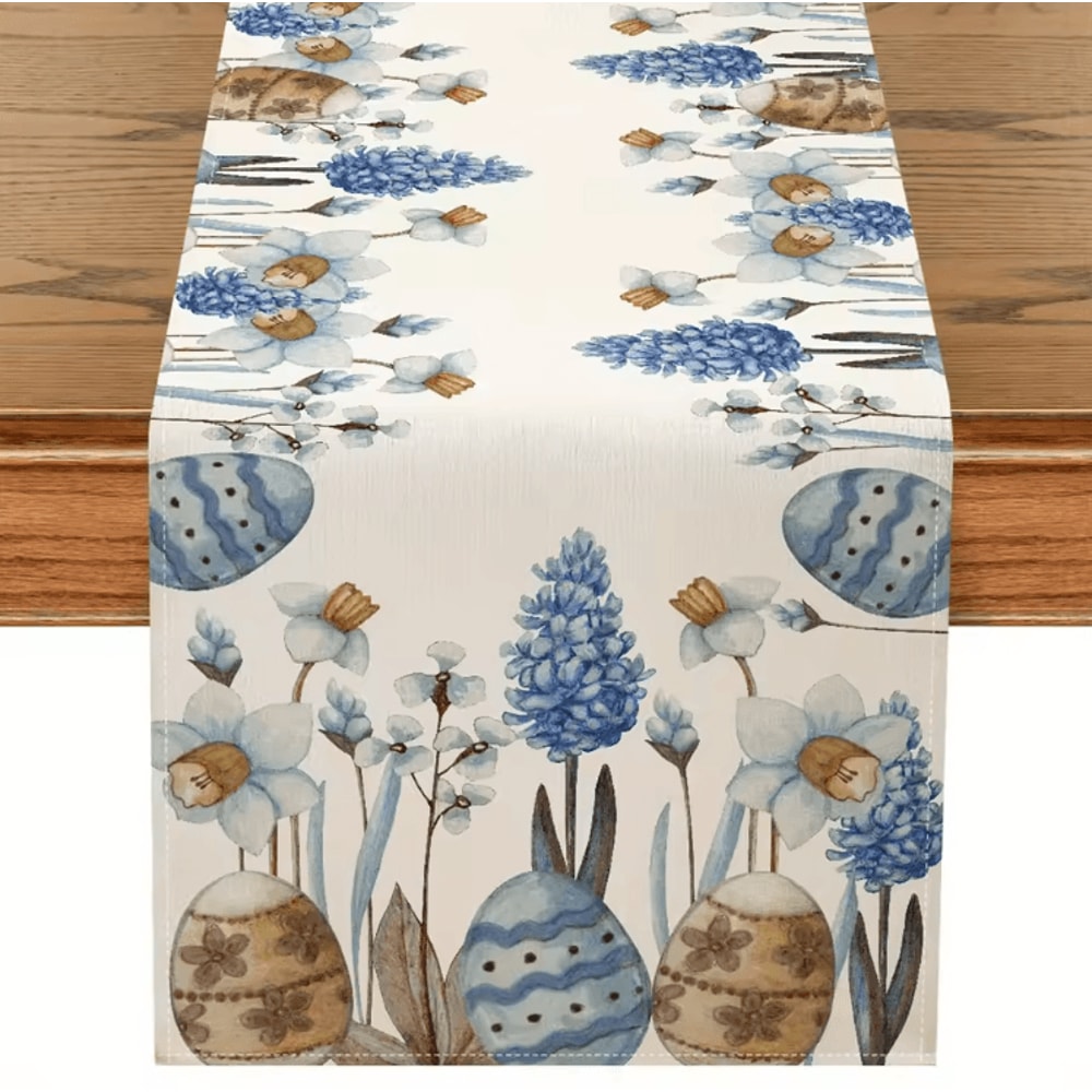 Easter Blue Floral Egg Linen Table Runner Spring Botanical Farmhouse Table Decor 0