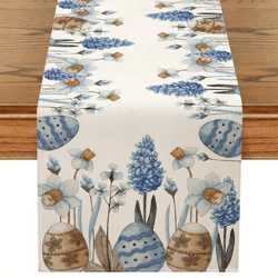 easter blue floral egg linen table runner – spring botanical farmhouse table decor