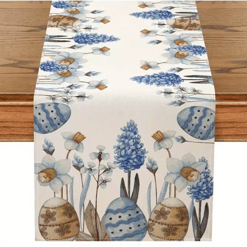 Easter Blue Floral Egg Linen Table Runner Spring Botanical Farmhouse Table Decor 0