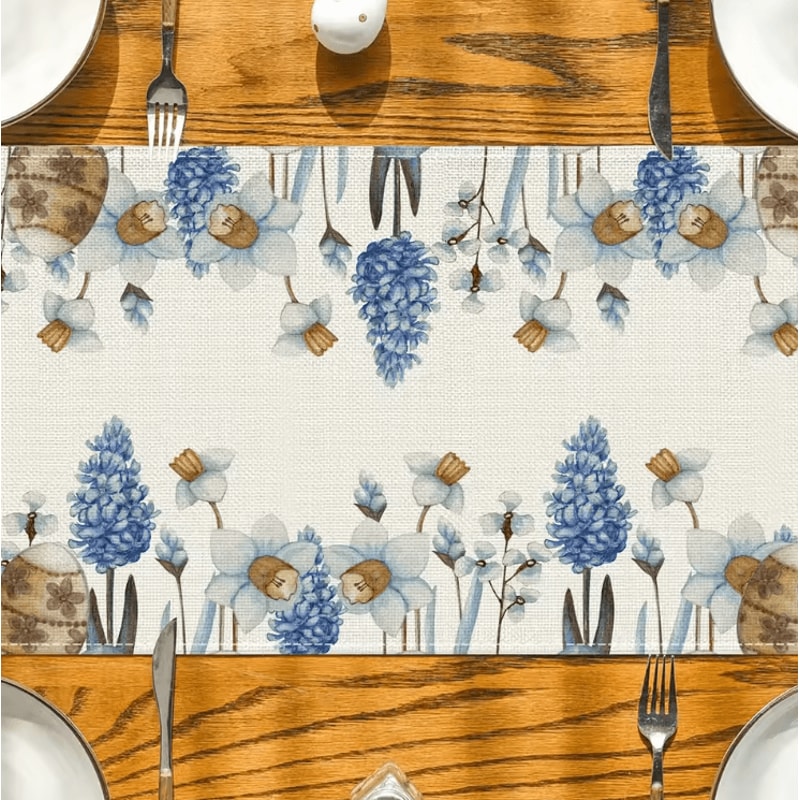 Easter Blue Floral Egg Linen Table Runner Spring Botanical Farmhouse Table Decor 2