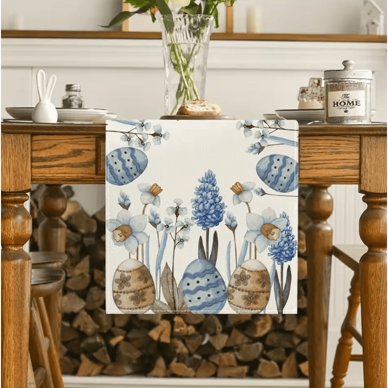 Easter Blue Floral Egg Linen Table Runner Spring Botanical Farmhouse Table Decor 3