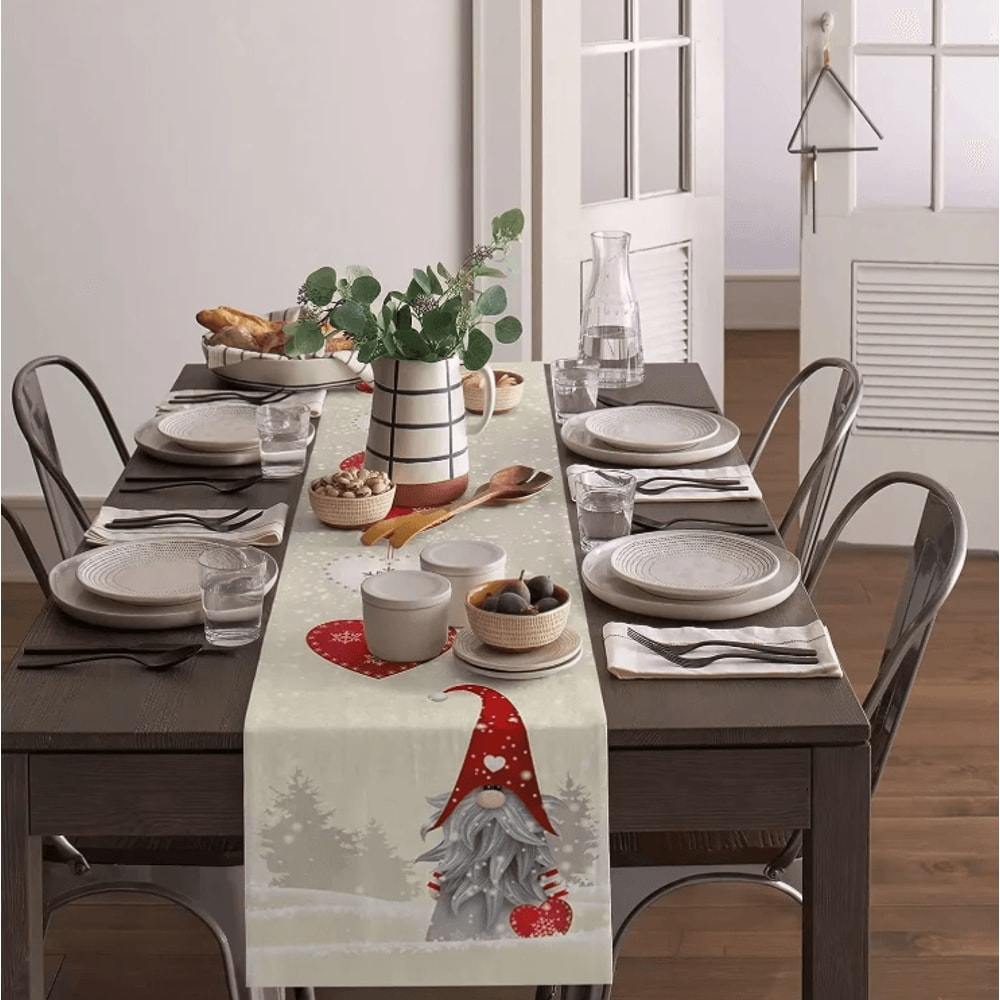Christmas Gnome Snowflake Linen Table Runner Festive Farmhouse Holiday Table Decor 3