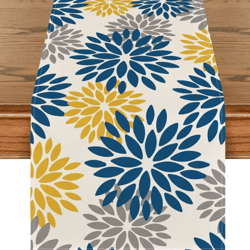 blue dahlia floral linen table runner – elegant spring summer farmhouse table decor