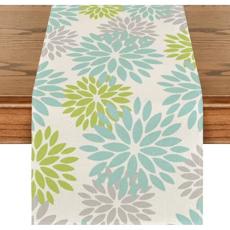 Blue Dahlia Floral Linen Table Runner Elegant Spring Summer Farmhouse Table Decor 1