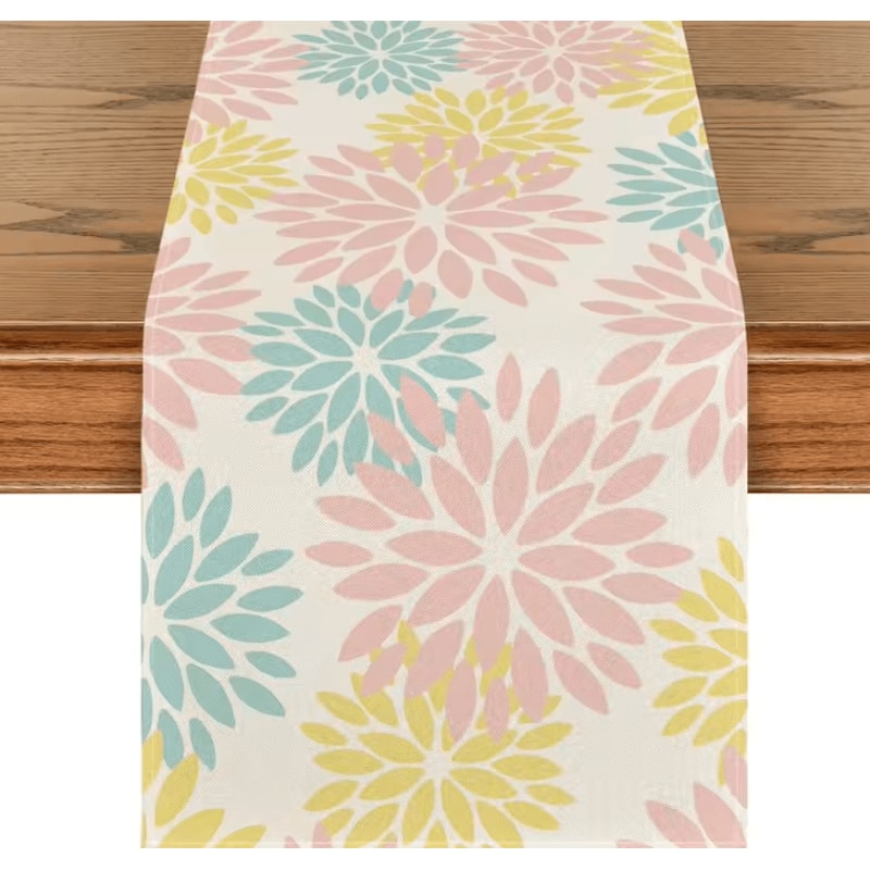 Blue Dahlia Floral Linen Table Runner Elegant Spring Summer Farmhouse Table Decor 4