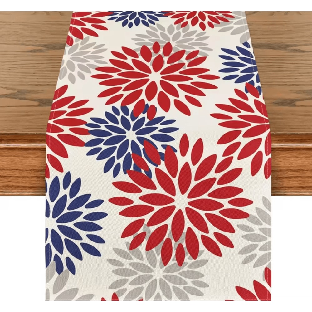 Blue Dahlia Floral Linen Table Runner Elegant Spring Summer Farmhouse Table Decor 5