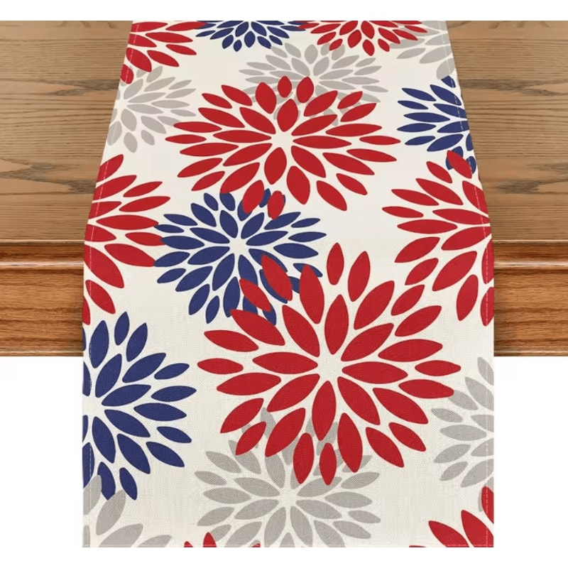 Blue Dahlia Floral Linen Table Runner Elegant Spring Summer Farmhouse Table Decor 5