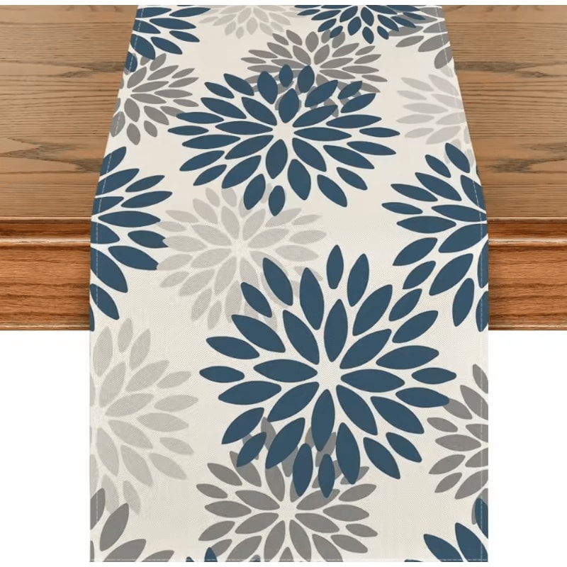 Blue Dahlia Floral Linen Table Runner Elegant Spring Summer Farmhouse Table Decor 7
